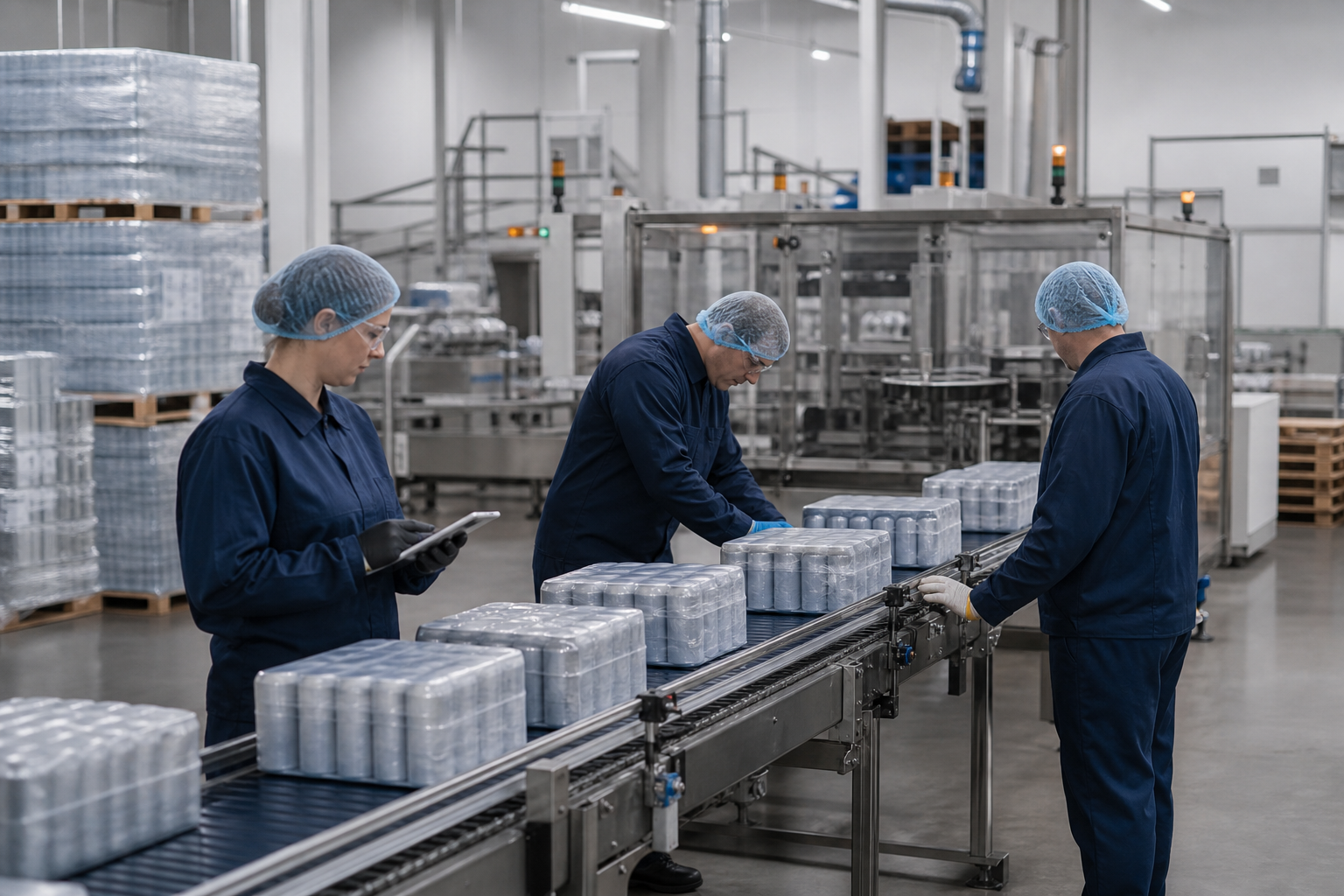 Contract packaging team checking multipacks on a production line